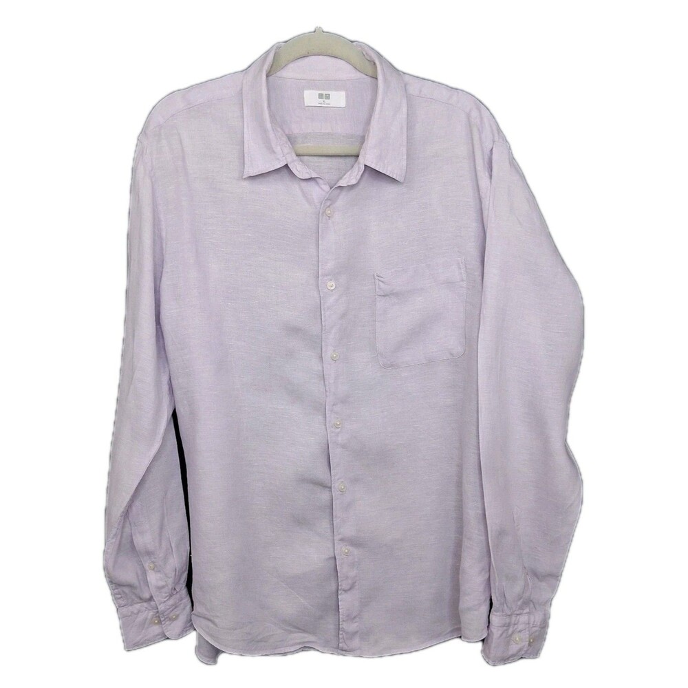 100% Linen Shirt Men's Uniqlo Lilac Button-Up Long Sleeve Size XL Beachy Cool